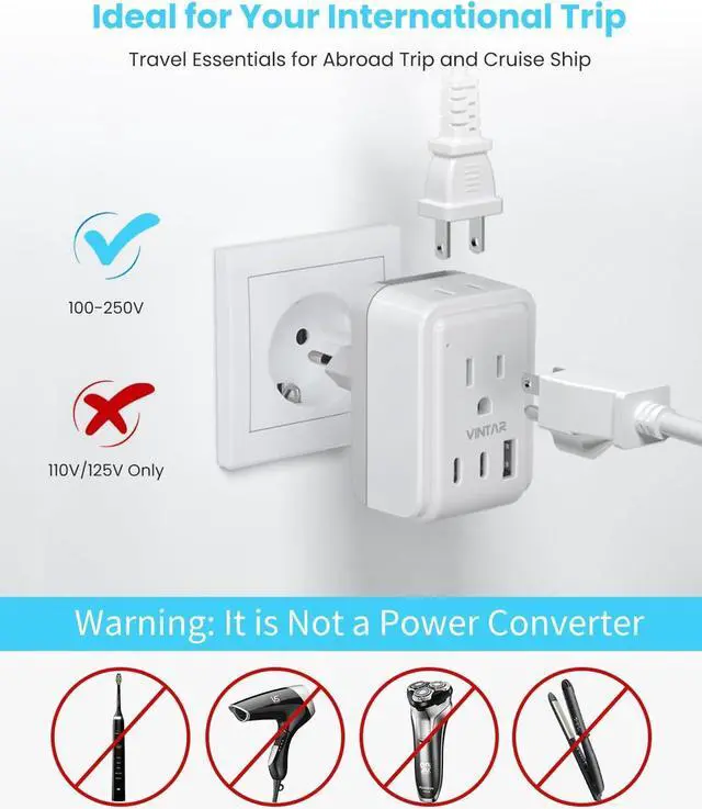 Alt view image 6 of 6 - Universal Travel Adapter Kit, VINTAR International Plug Adapter with 3 USB Ports(2 USB C, 3.4A) & 2 American Outlets, Type A,C,G,D,I,M Swap&Adapt Attachments, Adapter for US/EU/UK/India/AUS/Africa