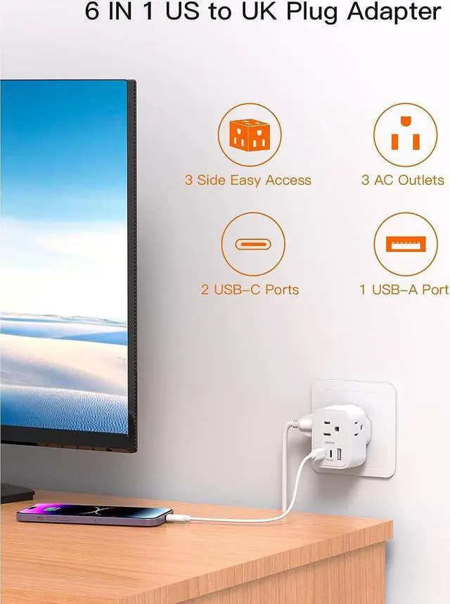 Alt view image 2 of 6 - [2 Pack] US to UK Travel Plug Adapter Type G Power Adapter with 3 AC and 3 USB(2 USB C) International Plug Adapter Travel Essentials for USA to England London Scotland British Qatar Irish Hongkong