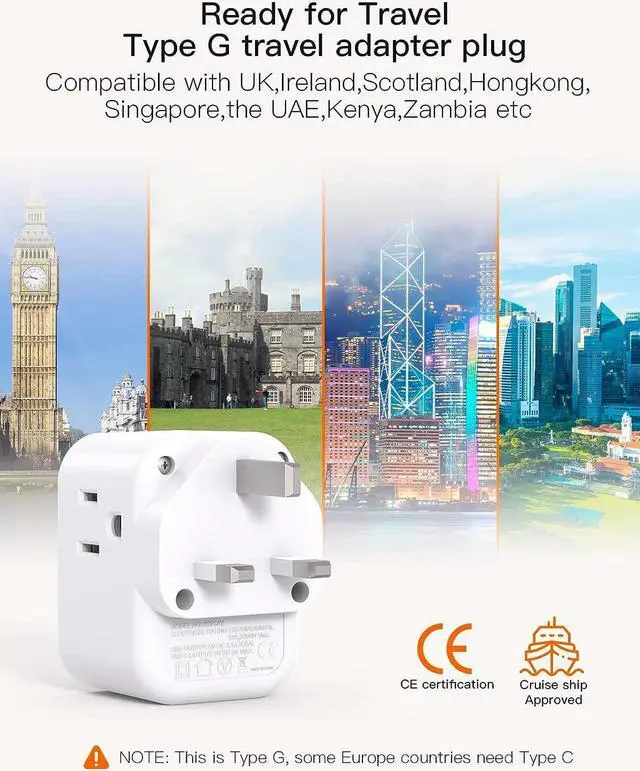 Alt view image 3 of 6 - [2 Pack] US to UK Travel Plug Adapter Type G Power Adapter with 3 AC and 3 USB(2 USB C) International Plug Adapter Travel Essentials for USA to England London Scotland British Qatar Irish Hongkong