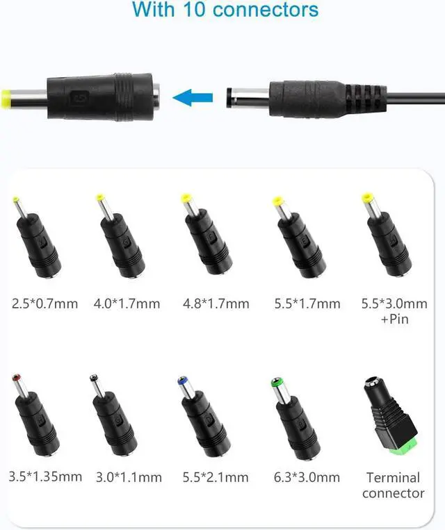 Alt view image 4 of 7 - 12V 2A Power Supply Adapter DC 12 Volt 24W 2000mA 1.8A 1.5A 1.2A 1A Power Converter Transformer with 5.5x2.5 5.5x2.1 5.5x3.0 5.5x1.7 4.8x1.7 4.0x1.7 3.5x1.35 3.0x1.1 2.5x0.7 6.3x3.0 10 Tips