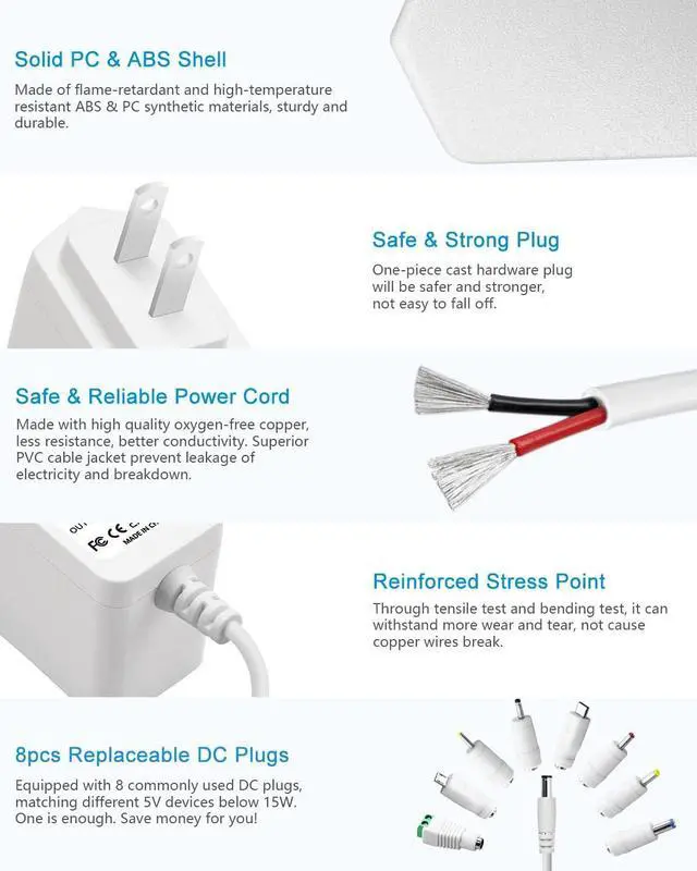Alt view image 3 of 7 - 5V 1A Power Supply 5W 4.92Ft Cord Universal AC Adapter 100-240V 50-60Hz to DC 5 Volt Replacement Power Cord with 8 Tips 5.5x2.5mm 5.5x2.1mm 4.0x1.7mm 3.5x1.35mm 3.0x1.1mm Micro-USB Type-C