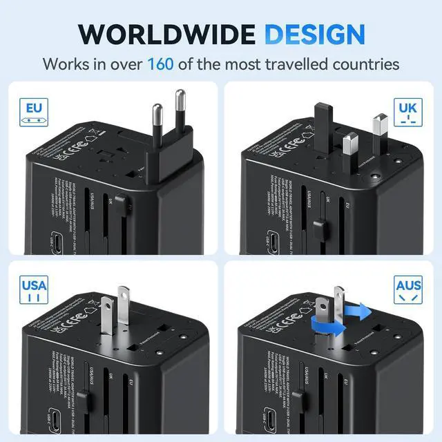 Alt view image 2 of 6 - International Power Plug Adapter, Unidapt Universal Travel Adapter with 3 USB C and 2 USB A Ports, European Worldwide Wall Charger for EU UK AUS USA, Black