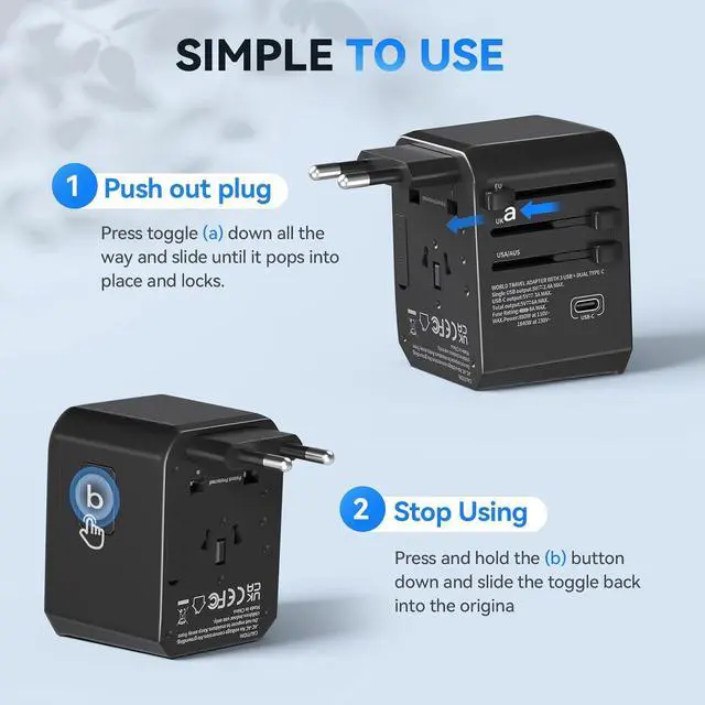 Alt view image 3 of 6 - International Power Plug Adapter, Unidapt Universal Travel Adapter with 3 USB C and 2 USB A Ports, European Worldwide Wall Charger for EU UK AUS USA, Black