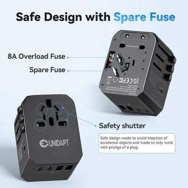 Alt view image 4 of 6 - International Power Plug Adapter, Unidapt Universal Travel Adapter with 3 USB C and 2 USB A Ports, European Worldwide Wall Charger for EU UK AUS USA, Black
