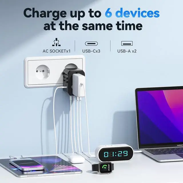 Alt view image 6 of 6 - International Power Plug Adapter, Unidapt Universal Travel Adapter with 3 USB C and 2 USB A Ports, European Worldwide Wall Charger for EU UK AUS USA, Black