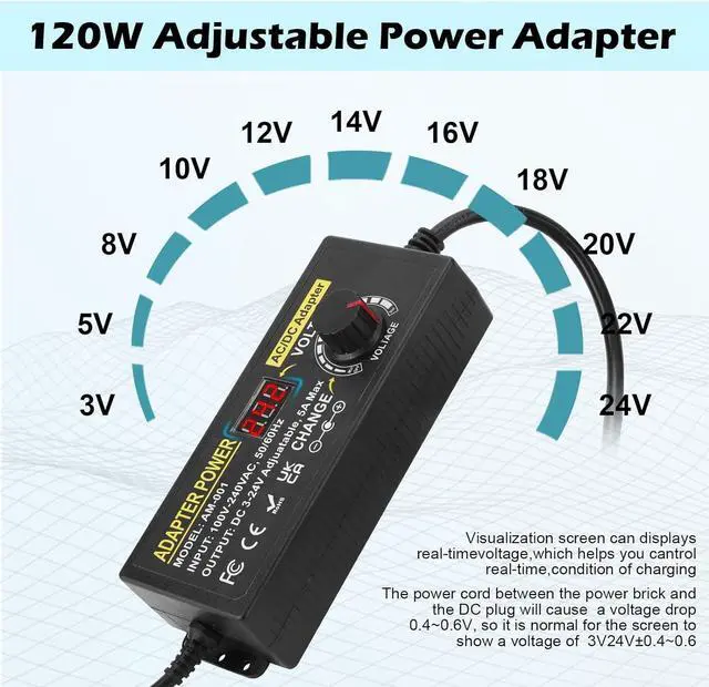 Alt view image 2 of 7 - Adjustable Power Adapter, Towisituati Universal 3V ~ 24V Power Supply 5A 120W AC/DC Adapter Variable Power Supply AC 100V-240V Universal DC Power Supply Adapter Converter Transformer