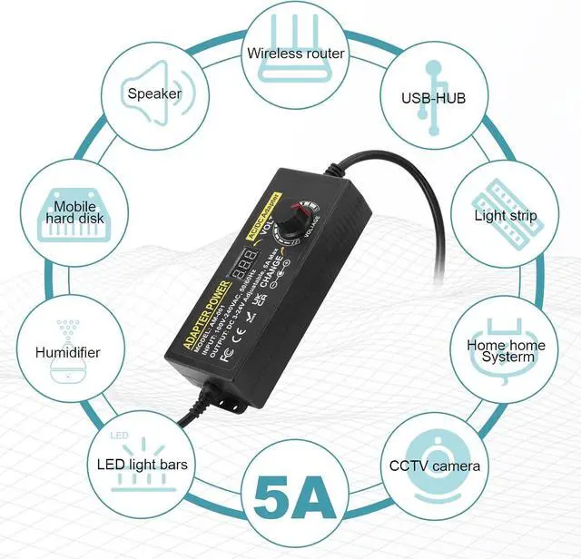 Alt view image 6 of 7 - Adjustable Power Adapter, Towisituati Universal 3V ~ 24V Power Supply 5A 120W AC/DC Adapter Variable Power Supply AC 100V-240V Universal DC Power Supply Adapter Converter Transformer
