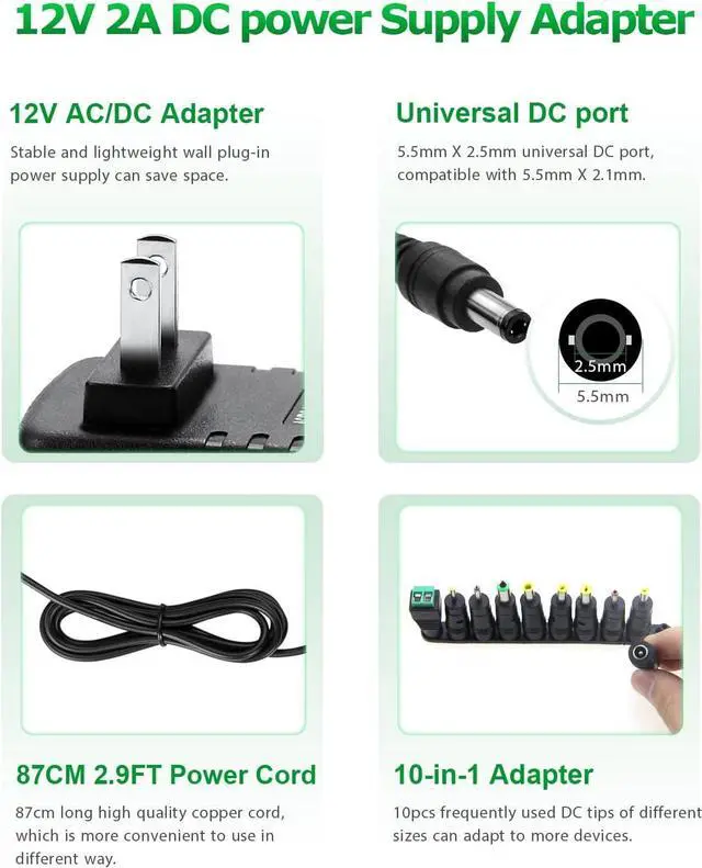 Alt view image 2 of 6 - Arkare 12V Power Supply 2A AC/DC Adapter 12Volt Wall Charger Replacement Power Cord AC 100V-240V to DC 12Volt 2A 1.5A 1A Converter for Security Camera BT Speaker GPS Webcam Router Scanner with 10TIPS