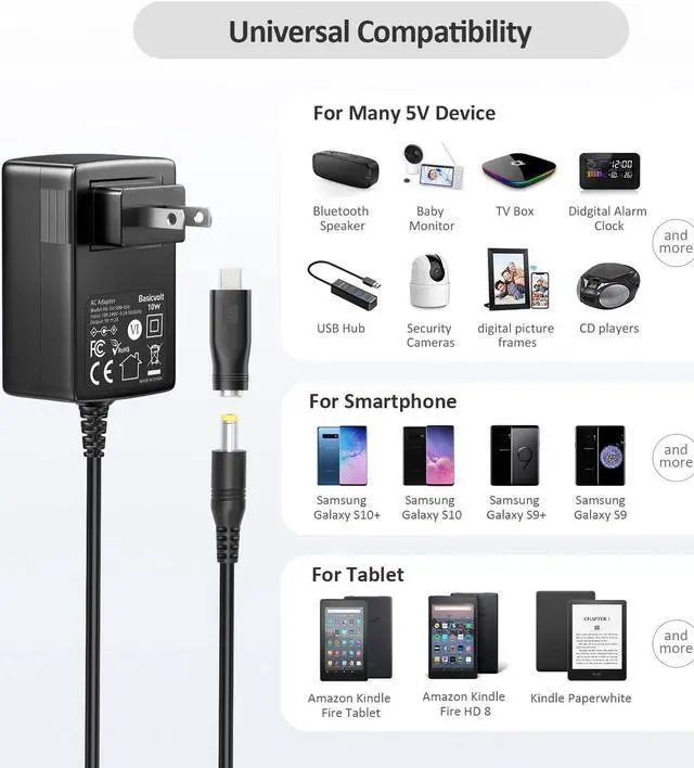 Alt view image 5 of 7 - 5V 2A AC Adapter Versatile 5Volt 2Amp Power Supply Wall Charger Power Adapter w/ 8 Tips for Camera BT Speaker GPS USB Hub TV Box Webcam Router and More 5V Electronics