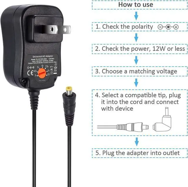 Alt view image 7 of 7 - ZOZO 12W 12 Volt 1 Amp 3V 4.5V 5V 6V 7.5V 9V 12V Power Supply, Universal AC Adapter with 5.5mm x 2.1mm Barrel Plug and 8 Selectable Tips Micro USB 3.5mm Jack for MP3 MP4 Player Headphone Speaker Watch
