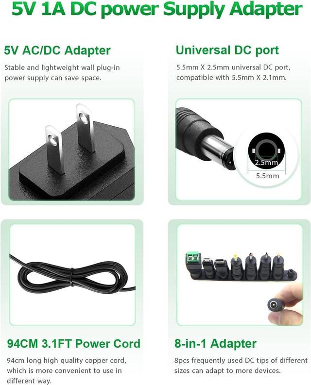  5V 1A DC Power Supply DC 5V Wall Plug Power Adapter with 1.2  Meter Cable,5.5x2.5mm DC Tip for  Routers,Camcorder,DVR,Receiver,Camera,Battery Chargers,Converters,Black :  Electronics