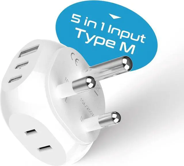 Alt view image 5 of 6 - Ceptics South Africa Travel Adapter - 5 Input with QC 3.1A Dual USB and USB-C - Ultra Compact - Light Weight - USA to Any Type M Countries Such as Namibia, Botswana and More (PTU-10L), White