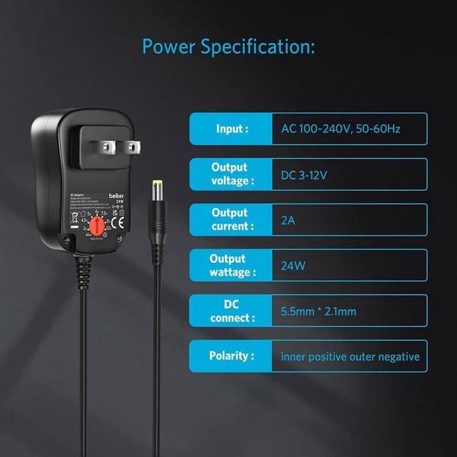 Alt view image 4 of 7 - Belker 24W Multi Voltage 3V 4.5V 5V 6V 7.5V 9V 12V Universal AC DC Power Adapter Supply for Household Electronics - Max Amp 2000mA