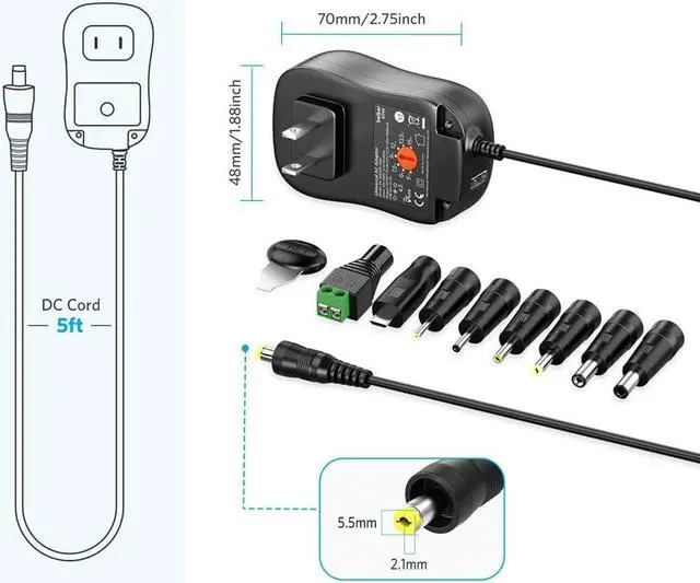 Alt view image 5 of 7 - 45W 5V 6V 7.5V 9V 12V 13.5V 15V Universal AC DC Power Supply Adapter for Household Electronics LED Light Strip - 1A 2A 3A 3000mA Amp - Fast USB Charging Port 5V 2A
