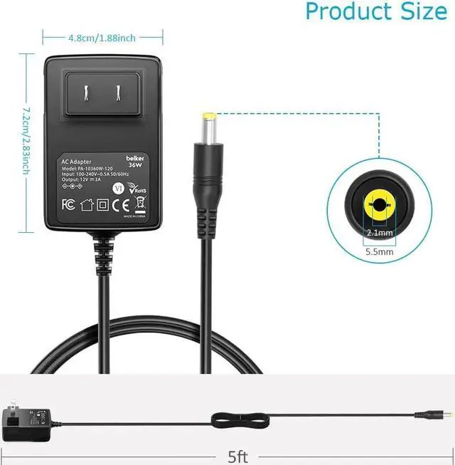 Alt view image 5 of 7 - 12V 3A 2.5A AC DC Power Adapter Supply Cord Wall Charger for 12 Volt Electronics - 3000mA Max.
