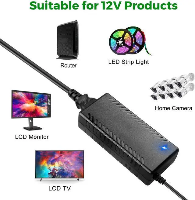Alt view image 6 of 7 - 12V 8A Power Supply Adapter - AC 100-240V 50/60Hz to DC 12V 7.5A 8A (Max) Power Adapter 5.5x2.5mm 12 Volt Transformers 12V/8A Universal 96W for 5050 3528 LED Strip Light CCTV Cameras