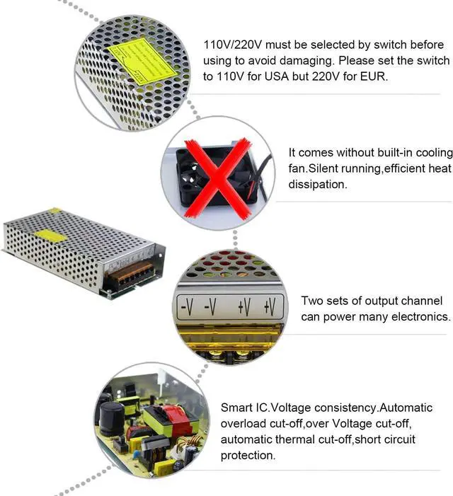 Alt view image 3 of 7 - 12V 15A 180W Power Supply Transformer Switch AC 110V / 220V to DC 12V 15amp Switching Power Adapter Converter LED Driver for LED Strip Light CCTV Camera Security System