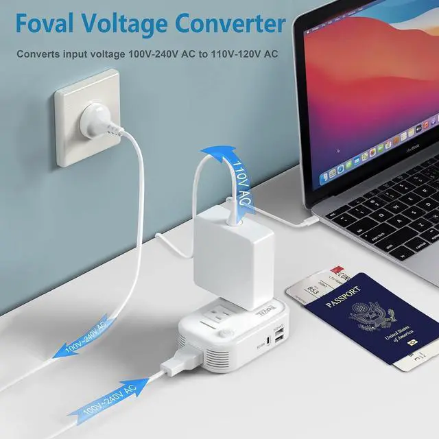 Alt view image 2 of 7 - 220V to 110V Converter Travel Adapter, FOVAL International Step Down Power Converter for Hair Straightener/Curler with 18W USB-C Port Voltage Converter US to Europe Italy UK AU China Plug (White)