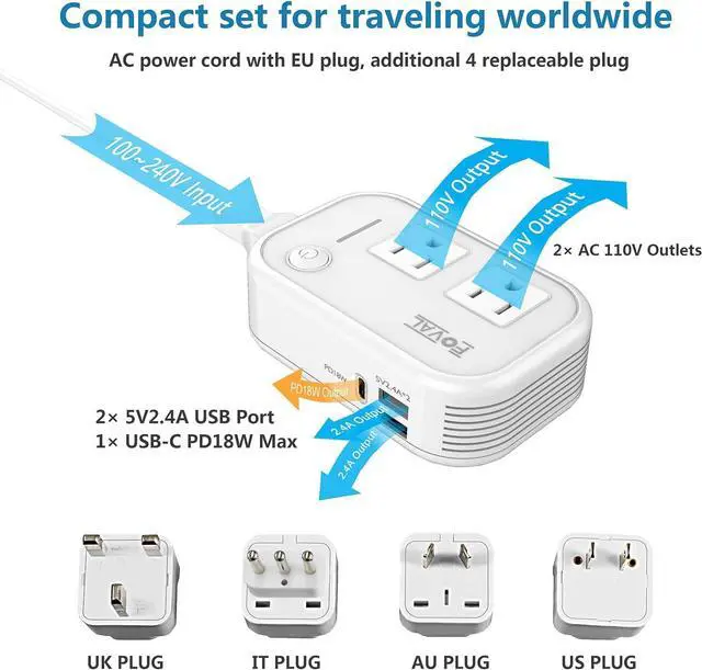 Alt view image 3 of 7 - 220V to 110V Converter Travel Adapter, FOVAL International Step Down Power Converter for Hair Straightener/Curler with 18W USB-C Port Voltage Converter US to Europe Italy UK AU China Plug (White)