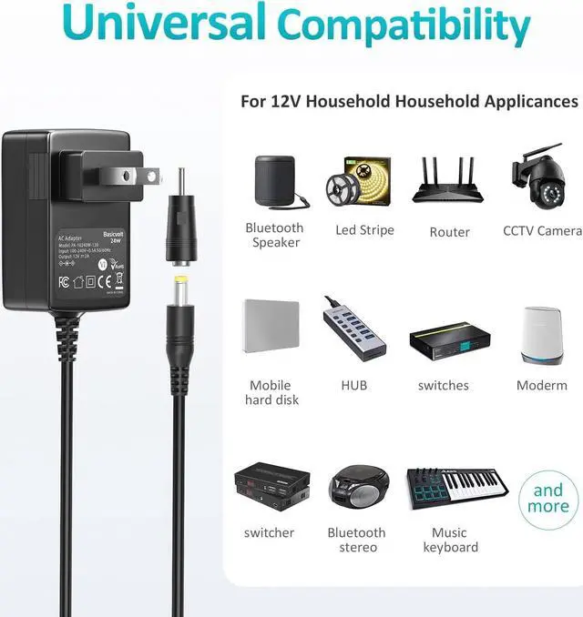 Alt view image 3 of 6 - Universal AC Adapter 12V 2A DC Power Supply Center Positive 12 Volt 2 Amp 1.5A 1A 500ma 300ma Charger Power Cord for TV Box Tablet Speaker GPS Webcam Router Alarm Clock