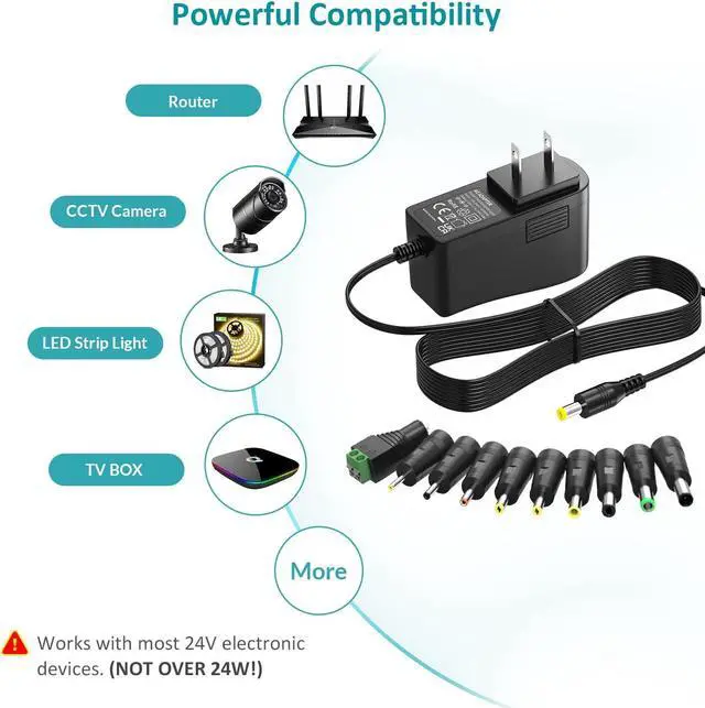 Alt view image 5 of 7 - 24V 1A Power Charger 24W Power Supply Adapter 100V-240V AC to DC 24 Volt 1 Amp Replacement Power Cord 24vdc 0.8Amp 0.5Amp Regulated Voltage Charger with 10 Selectable Converter Plugs