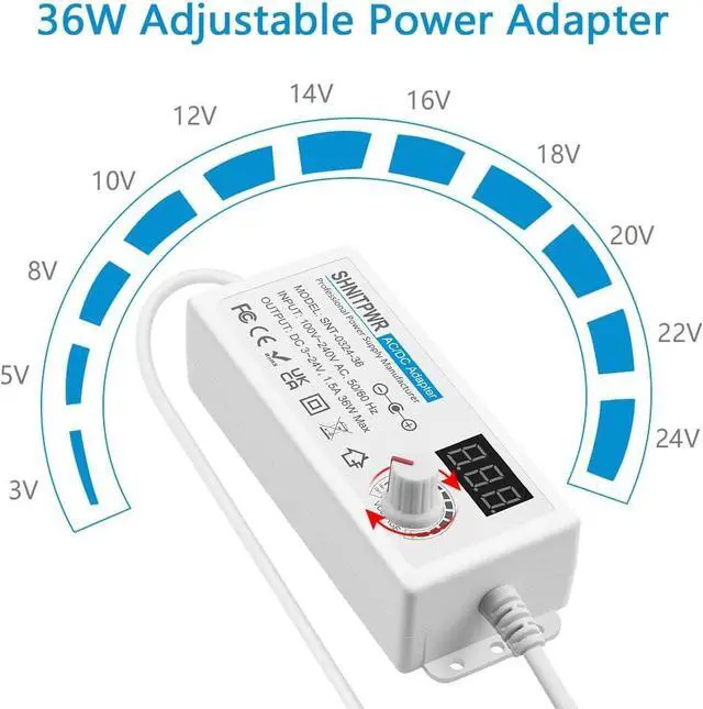 Alt view image 2 of 7 - SHNITPWR 36W Universal Power Supply 100-240V AC to DC 3V ~ 24V 1.5A Converter 3V 5V 6V 9V 12V 15V 18V 20V 24V Multi-Voltage Adjustable Power Adapter with 14 Tips & 1 Polarity Converter, White