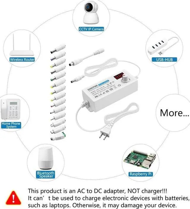 Alt view image 6 of 7 - SHNITPWR 36W Universal Power Supply 100-240V AC to DC 3V ~ 24V 1.5A Converter 3V 5V 6V 9V 12V 15V 18V 20V 24V Multi-Voltage Adjustable Power Adapter with 14 Tips & 1 Polarity Converter, White