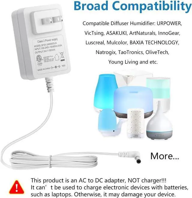 Alt view image 4 of 7 - 24V 0.5A 500mA Power Supply Adapter for Essential Oil Diffuser Aromatherapy Humidifier ETL Listed Class 2 Power Adapter 100V~240V AC to DC 24 Volt 12W Converter 5.5x2.1mm Tip 6ft Power Cord
