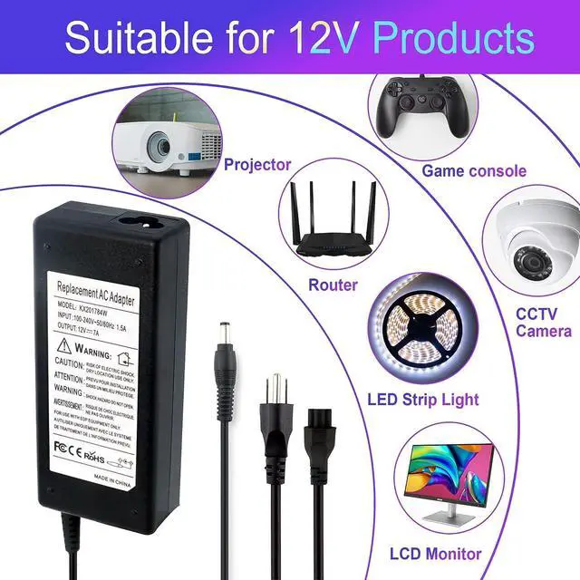 Alt view image 4 of 6 - 12V 7A 84W Power Supply, AurGun AC Adapter 100V-240V to DC 12 Volt 7 Amp Transformer Power Converter with 5.5x2.1mm Universal Plug for LED Strip Light, CCTV Security Camera System