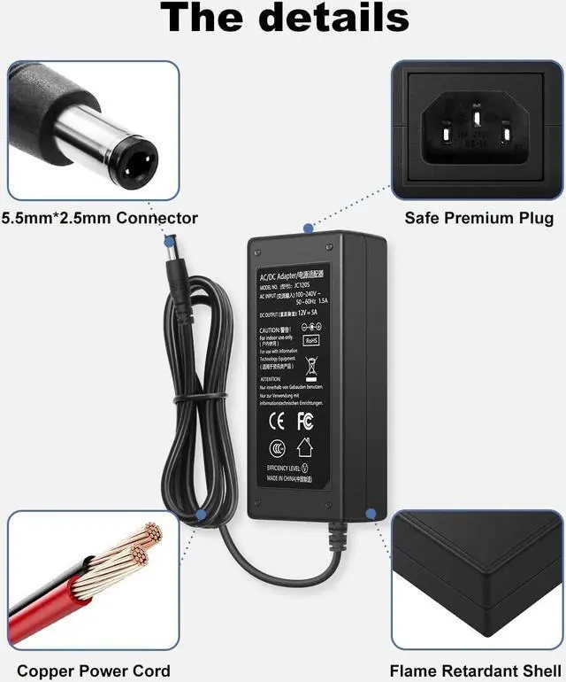 Alt view image 3 of 6 - DC 12 Volt 5 Amp Power Supply 60W 12Volt 5Amp AC Adapter 100-240V 50-60Hz AC to DC 12V 5A Power Adapter Converter with 5.5mm x 2.5mm Tip & 1 Female Terminal for LED Strip Light CCTV Camera etc.