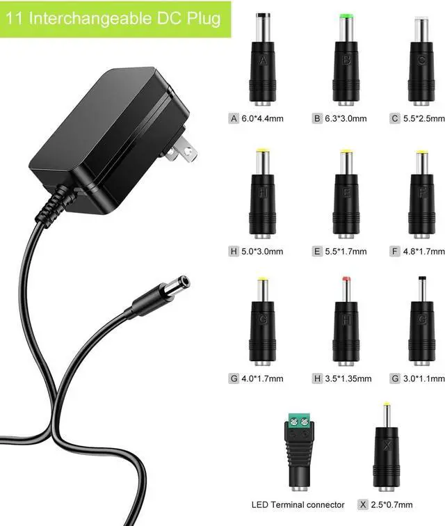 Alt view image 2 of 6 - 9V 2A Power Adapter AC Power Supply Charger Cord 9 Volts 2 Amps Regulated Switching with 11 Interchangeable DC Plug for 2000mA 1500mA 1000mA 900mA 850mA 800mA 700mA 600mA 500mA Equipment
