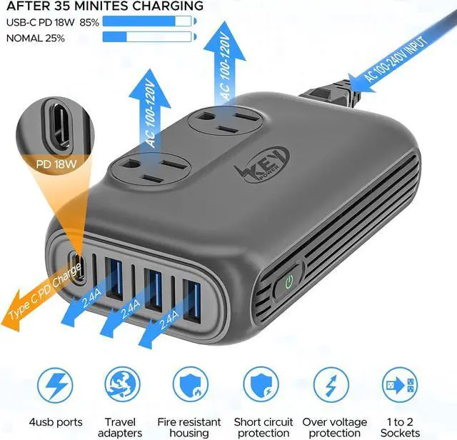 Alt view image 3 of 7 - 220V to 110V Converter, Key Power 230-Watt Step Down Voltage Converter & Power Converter, International Travel Power Adapter with USB C Port 18W.