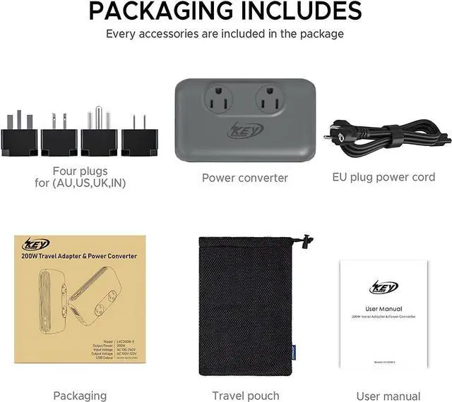 Alt view image 7 of 7 - 220V to 110V Converter, Key Power 230-Watt Step Down Voltage Converter & Power Converter, International Travel Power Adapter with USB C Port 18W.