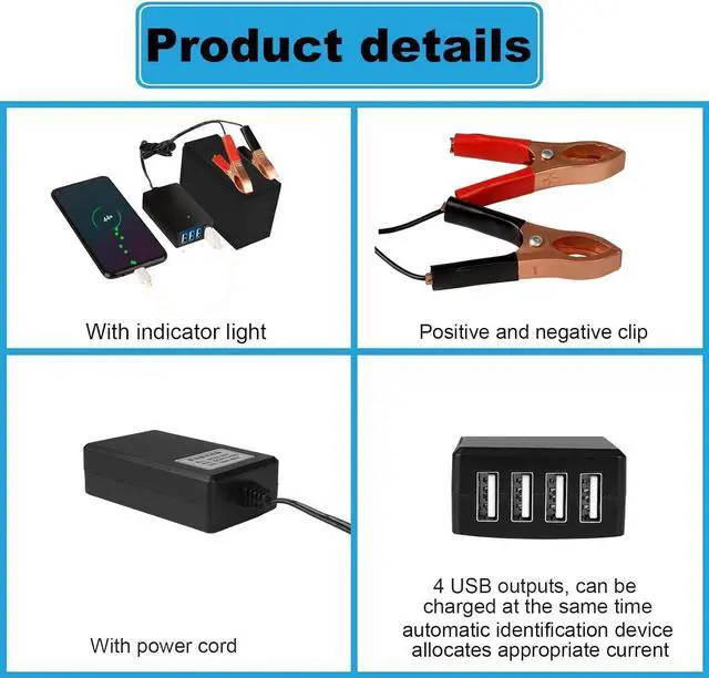 Alt view image 4 of 6 - DC Converter with Battery Clip 12V 24V to 5V 8A USB Power Adapter Buck Regulator Charger, 4 Ports Automatically Identify shunt Charging, Suitable for iPhone Android Samsung Galaxy S10 s9 Plus