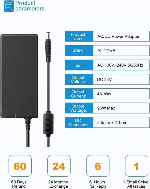 Alt view image 3 of 7 - 24V Power Supply 4A 96W AC/DC Adapter 100-240V AC to DC 24 Volt Converter 4amp 3.75A 3.5A 3.3A 3.2A Transformer 5.5x2.5mm for LED Strip CCTV Camera LCD Monitor Massage Chair