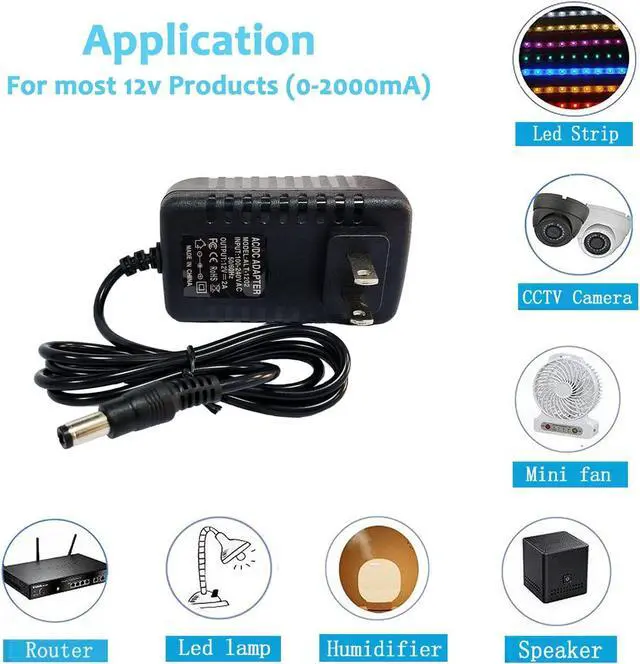 Alt view image 7 of 7 - 12 Volt 2A Power Adapter Supply AC 100-240V to DC 12 V Power Supply Transformer Charger Wall Plug for DC12V Light Security CCTV Camera Black 8x5x3.3 cm