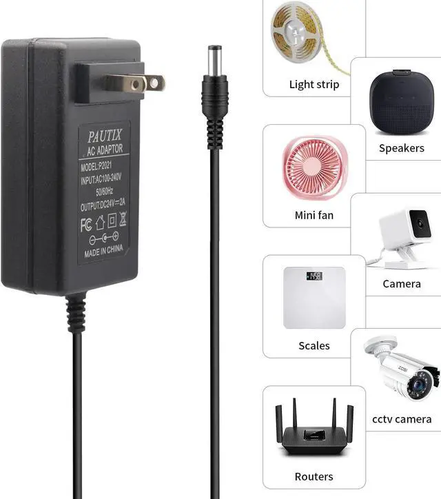 Alt view image 5 of 5 - 24V DC Power Supply Adapter 24Volt 2A 48W AC to DC Converter Transformer 100-240V AC Input with 5.5 x 2.1mm US Plug for LED Strip CCTV Camera