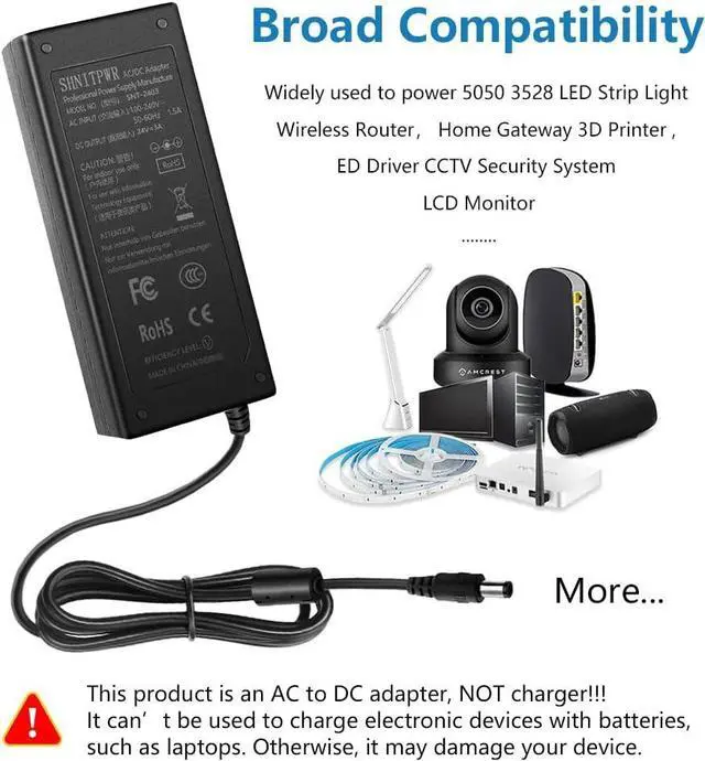 Alt view image 5 of 7 - SHNITPWR 24V 3A DC Power Supply Adapter AC 100V~240V to DC 24 Volt 3 Amp 72W Converter Transformer 5.5x2.5mm Plug for 5050 3528 LED Strip Light 3D Printer LED Driver CCTV Security System LCD Monitor