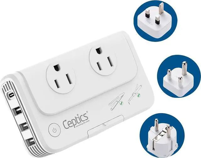 Main image of Ceptics South Africa Voltage Converter - 200W Convert 220V to 110V for Devices Like Curling Iron, Straightener, Chargers, Step Down World Power Plug 4 USB Charging Fast QC 3.0 Type M, G, E/F