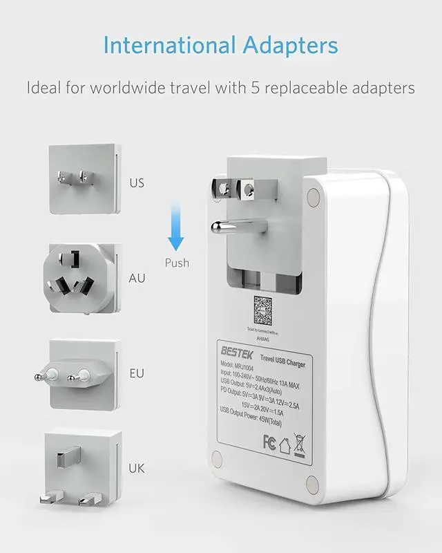 Alt view image 2 of 7 - BESTEK International Travel Adapter, 3000W Converter Travel Adapter for Hair Dryer, Curling Iron USB Travel Wall Charger with Worldwide Wall Plugs for US, UK, AU, EU and Asia (PD30W,1004, White)