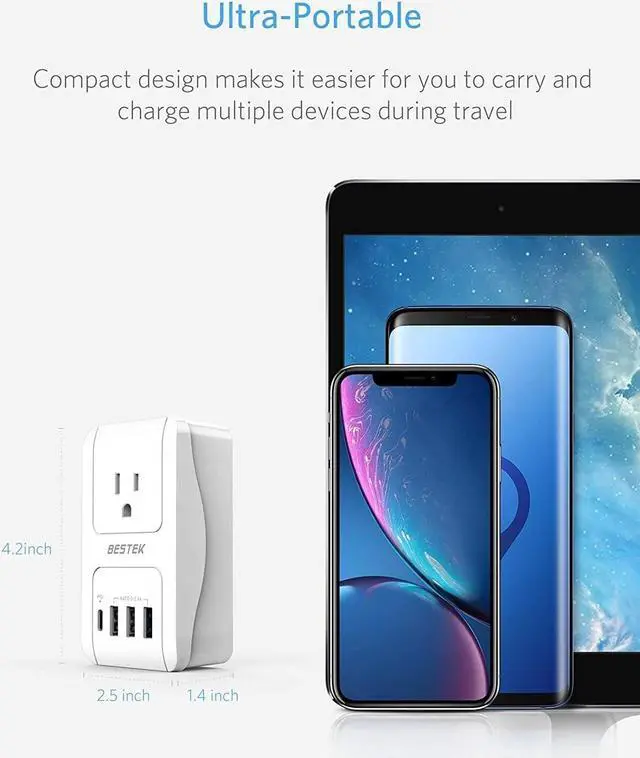 Alt view image 4 of 7 - BESTEK International Travel Adapter, 3000W Converter Travel Adapter for Hair Dryer, Curling Iron USB Travel Wall Charger with Worldwide Wall Plugs for US, UK, AU, EU and Asia (PD30W,1004, White)