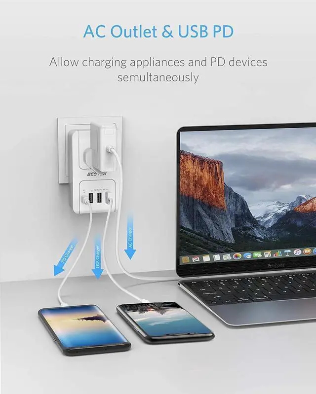 Alt view image 5 of 7 - BESTEK International Travel Adapter, 3000W Converter Travel Adapter for Hair Dryer, Curling Iron USB Travel Wall Charger with Worldwide Wall Plugs for US, UK, AU, EU and Asia (PD30W,1004, White)