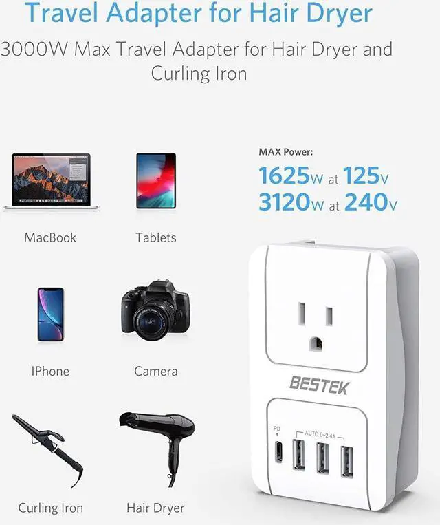 Alt view image 6 of 7 - BESTEK International Travel Adapter, 3000W Converter Travel Adapter for Hair Dryer, Curling Iron USB Travel Wall Charger with Worldwide Wall Plugs for US, UK, AU, EU and Asia (PD30W,1004, White)