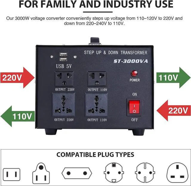 Alt view image 2 of 7 - CO-Z Step Up & Down Transformer 3000W, PC & Appliances Uninterruptible Power Supply Outlet Accessory, 110V to 220V/220V to 110V Voltage Converter w 5V USB Outlets Ports, US, & Universal Sockets