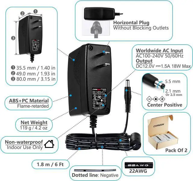 Alt view image 2 of 7 - CHANZON 12V 1.5A UL Listed 18W AC DC Switching Power Supply Adapter (Input 100-240V, Output 12 Volt 1.5 Amp, 6Ft Cord, 18 Watt) Wall Wart Transformer Charger for DC12V Security CCTV Camera (2-Pack)