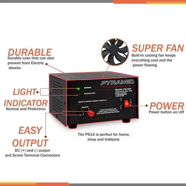 Alt view image 3 of 6 - Universal Compact Bench Power Supply-12 Amp Linear Regulated Home Lab Benchtop AC-to-Dc 12V Converter w/ 13.8 Volt Dc 115V AC 270 Watt Power Input, Screw Type Terminals, Cooling Fan-PS14KX.5
