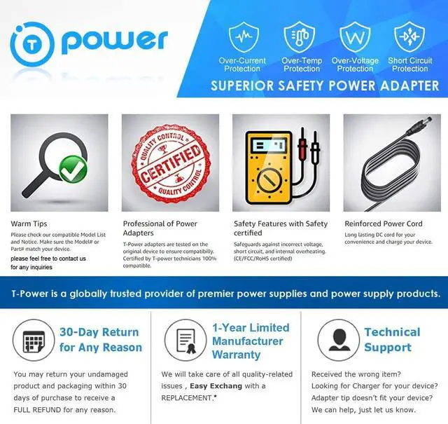 Alt view image 3 of 5 - T Power Charger for Jackery Explorer E160 E240 300 500 550 160 240 Portable Power Station Solar Generator Lithium Battery Ac Dc Adapter HKA12024038-8B Power Supply Cord