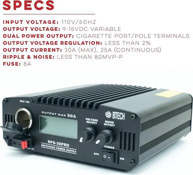Alt view image 2 of 7 - BTECH RPS-30PRO 30 Amp Regulated Universal Compact Bench Power Supply, AC-to-DC Power Convertor, 13.8V (9~15VDC Adjustable) with Noise Offset Adjustment, includes multiple power connections