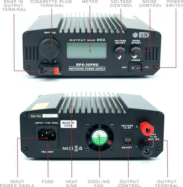 Alt view image 3 of 7 - BTECH RPS-30PRO 30 Amp Regulated Universal Compact Bench Power Supply, AC-to-DC Power Convertor, 13.8V (9~15VDC Adjustable) with Noise Offset Adjustment, includes multiple power connections