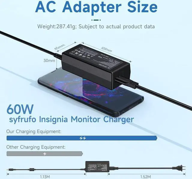 Alt view image 6 of 7 - Power Cord Compatible with Insignia 19" 20" 24" 28" 32" LED TV, Adapter for NS-32D312NA15, NS-32DF310NA19, NS-32D420NA16, NS-32D220NA16, NS-3D311NA15, NS-24E200NA14, NS-24D510NA17